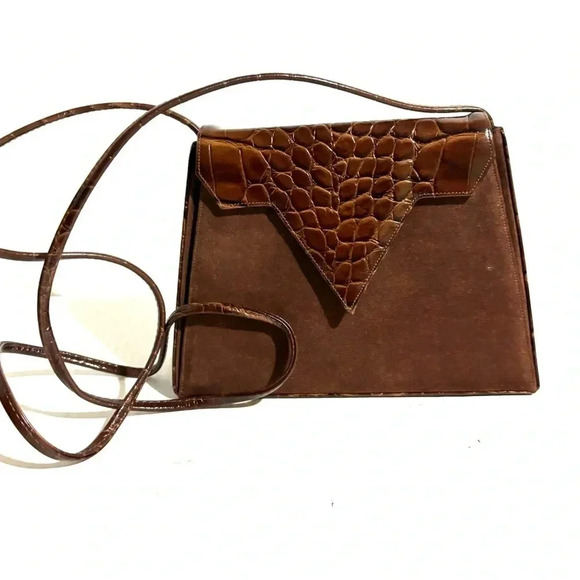 Carey Adina brown vintage croc embossed leather/ suede crossbody handbag - Picture 1 of 9